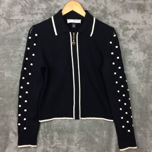St John Collection Black‎ Santana Knit Full Zip Sweater Jacket Pom Pom Womens 4